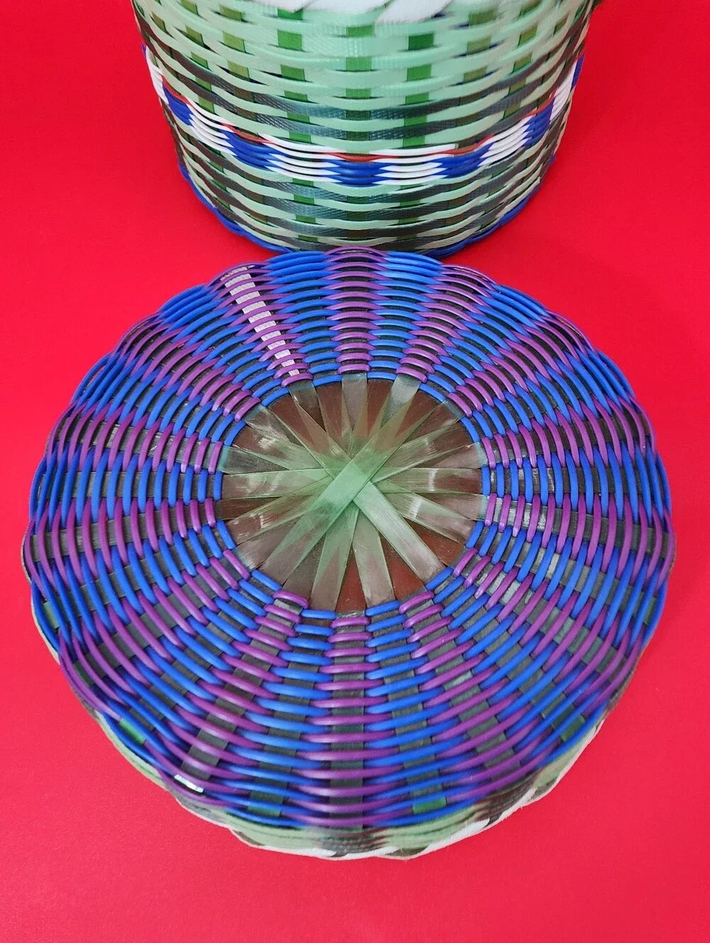 Handwoven From Recycled Colorful Plastic Straps in Geometric Design All Purpose